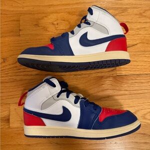 Nike Little Kids' Jordan 1 Mid in White, Red, Gray and Royal Blue